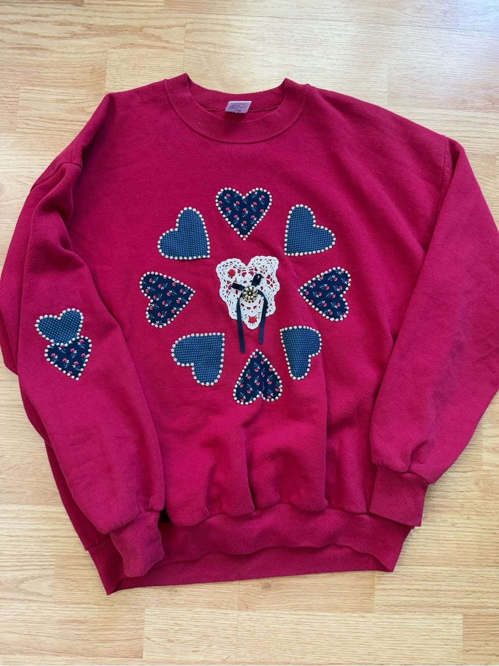 Vintage 90s Jerzees Grannycore Heart Sweatshirt XL Made in USA Beaded Cottagecor